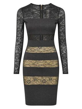 Good Time USA Women's Black & Gold Lace Bodycon Long Sleeve Dress Size M NWT